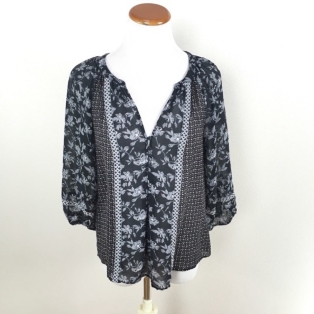 Joie Silk Black Floral Long Sleeve Boho Semi-Sheer Blouse‎ Women’s Sz Small